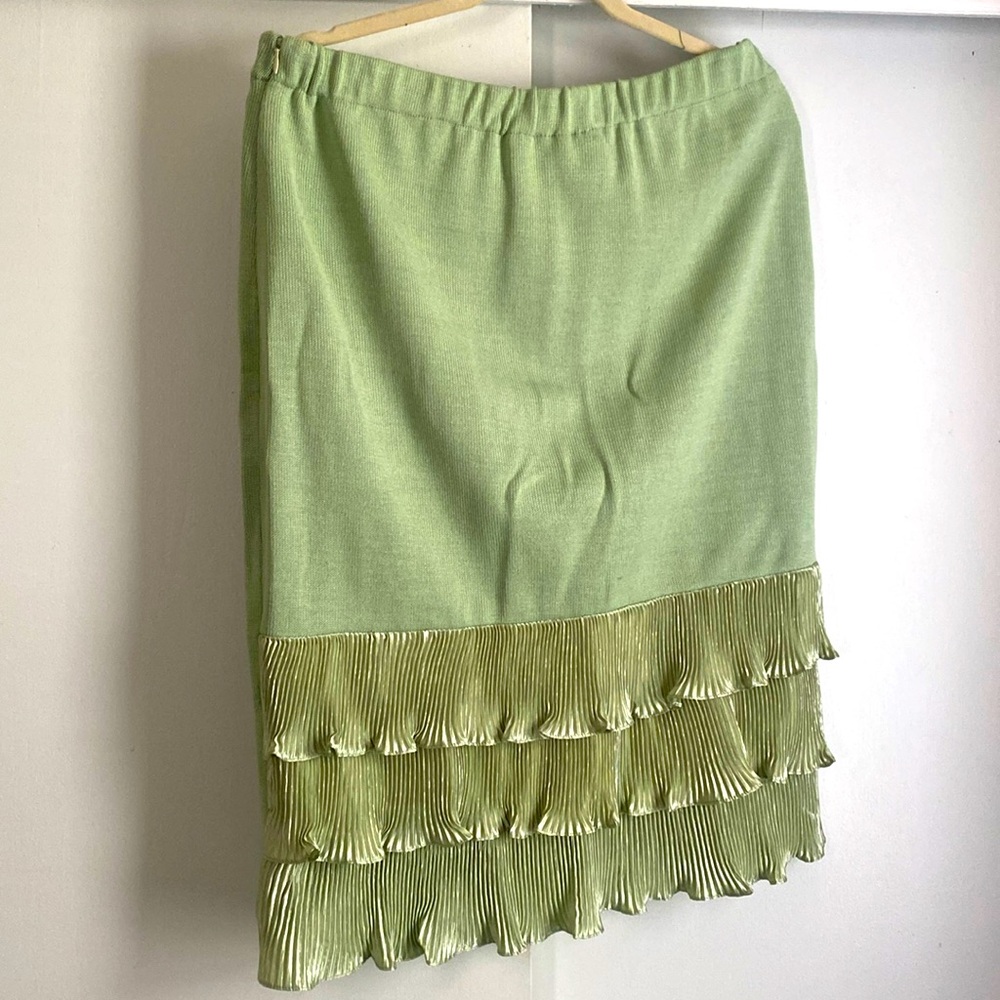 Donna Vinci Lime Green Knitted Suit With Ruffles And Rhinestones Size 16.